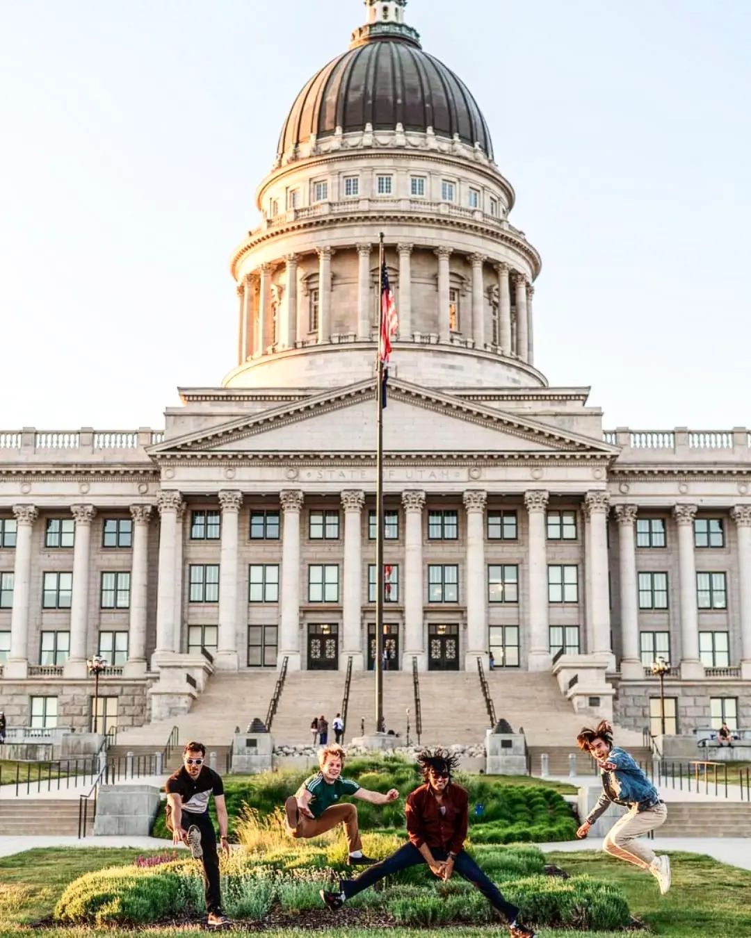 Film club friends posing in front of the Utah State Capitol